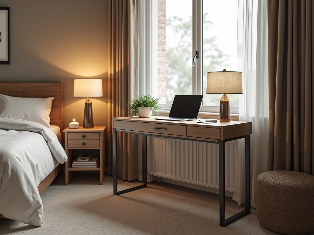 Standing desk in a bedroom workspace