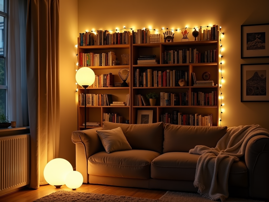A living room illuminated by LED floor lamps and solar-powered string lights.