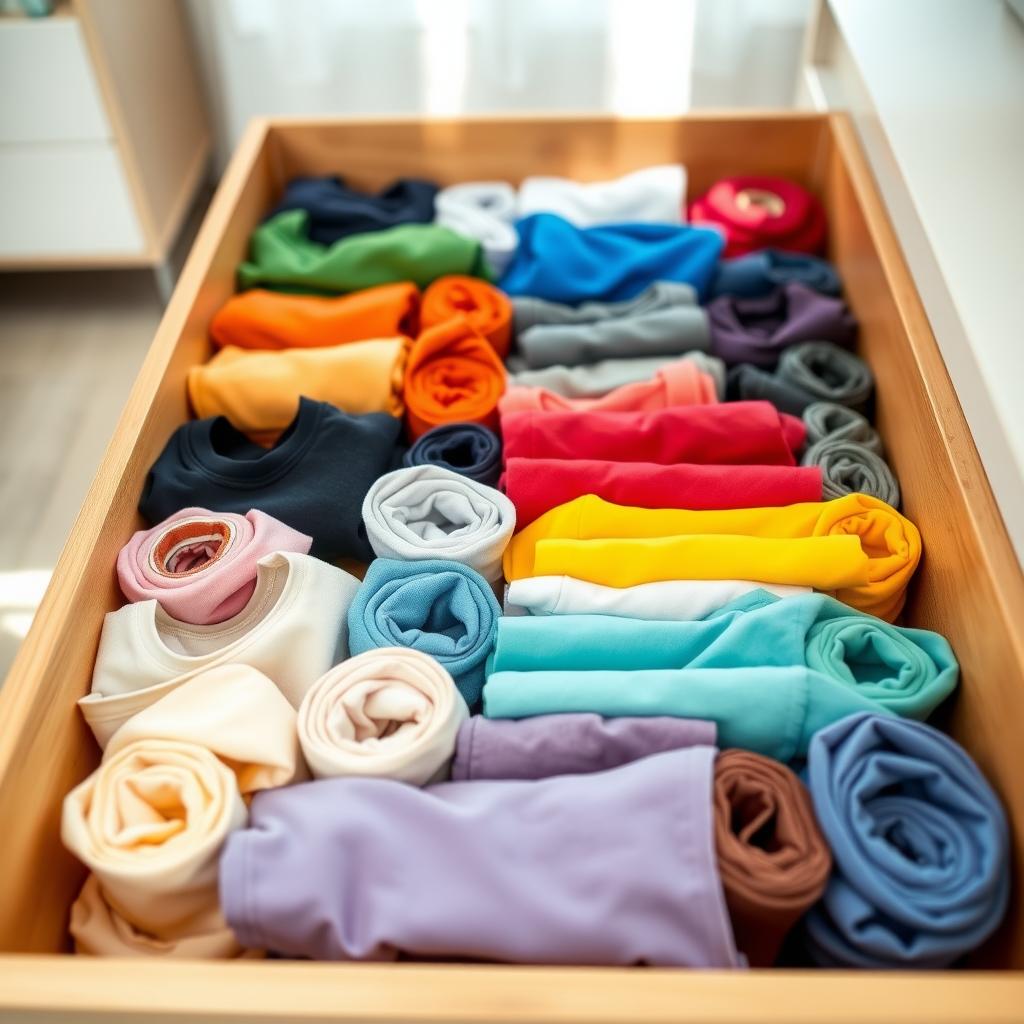 A tidy dresser drawer with rolled t-shirts arranged in a colorful grid pattern inside a light wooden drawer.