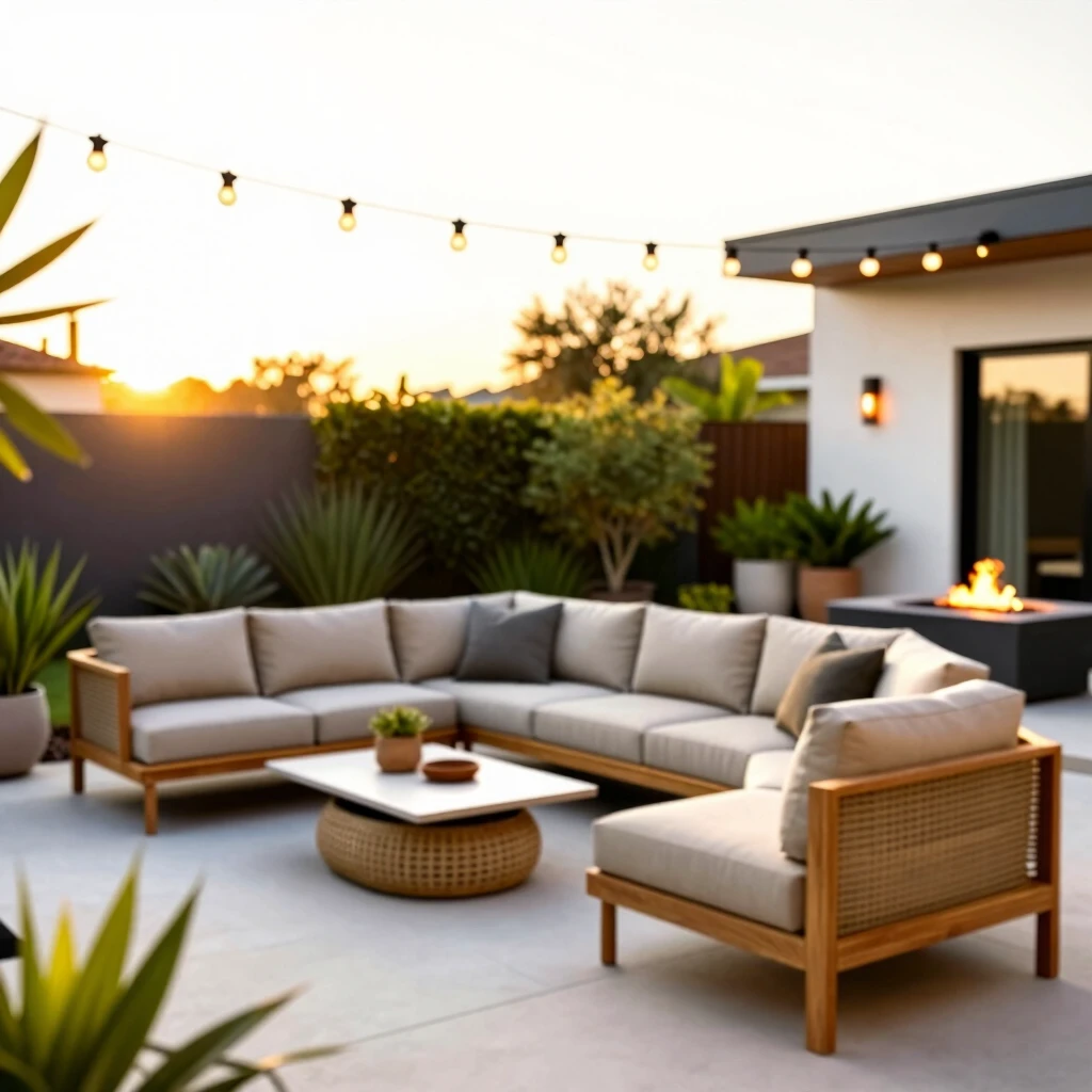 Modern modular patio furniture setup in a backyard at sunset