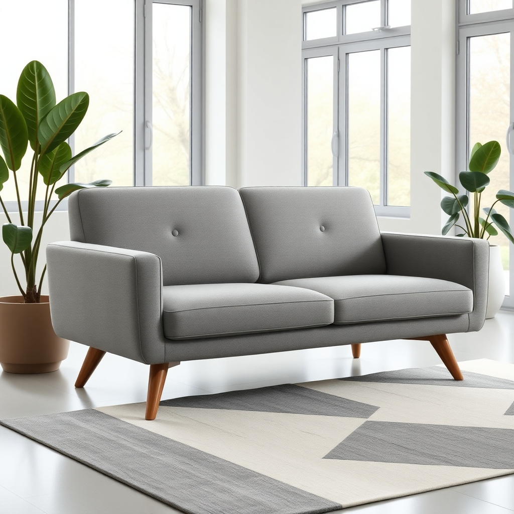 Sleek grey mid-century modern love seat in minimalist living room