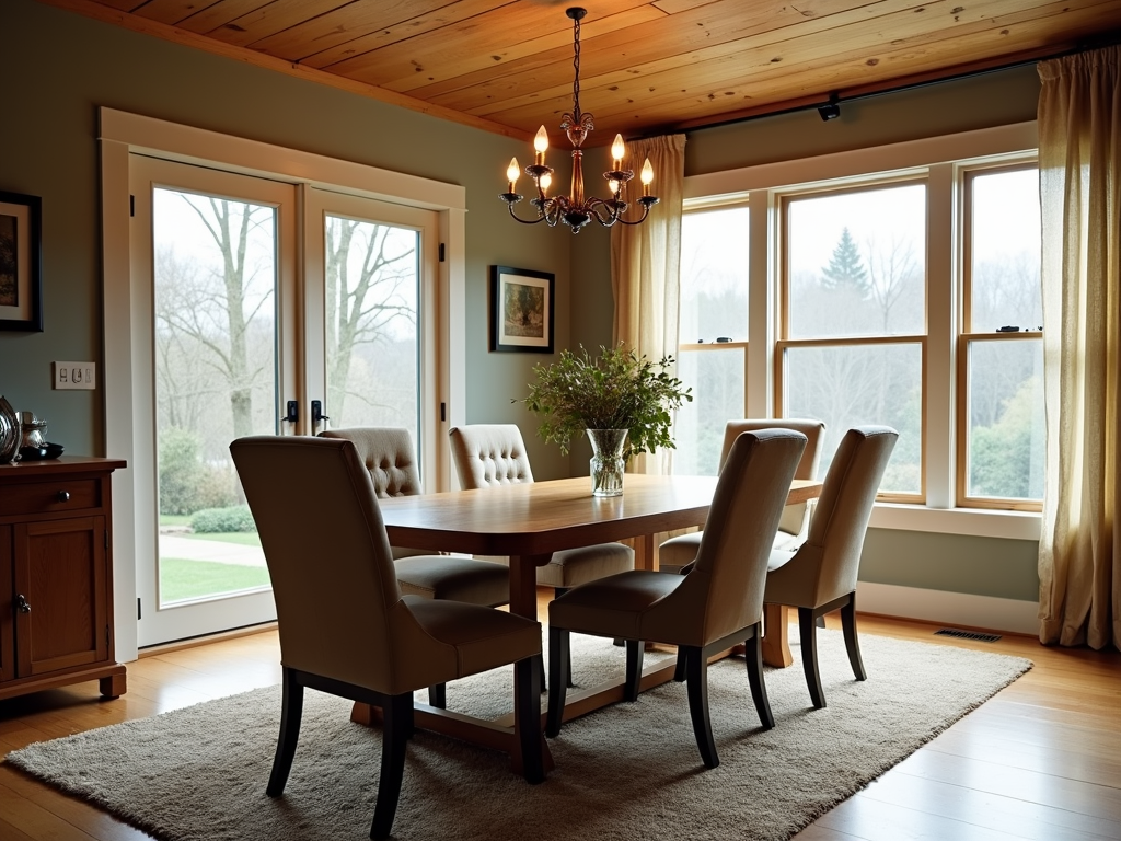 A warm and inviting dining room with a wooden table and upholstered chairs