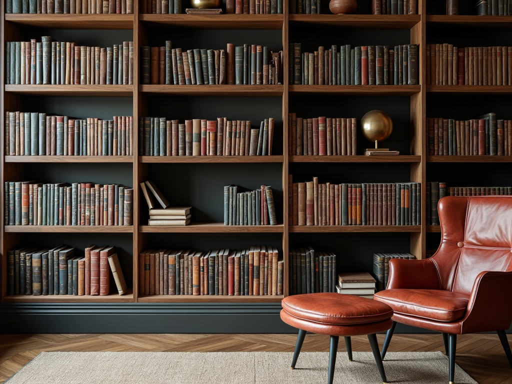 Bookshelf with balanced arrangement, including empty spaces.