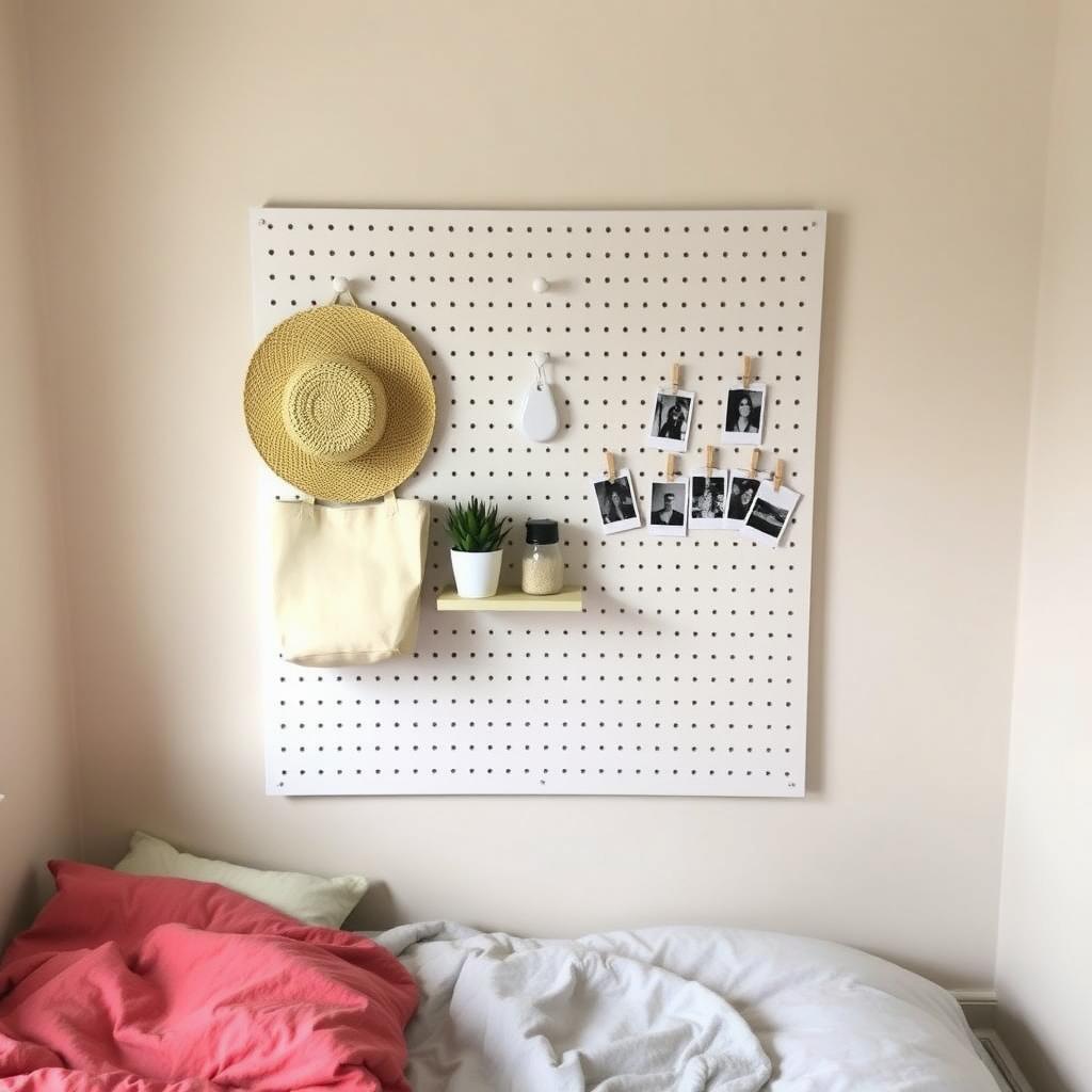 White pegboard on a bedroom wall with hooks for a hat and bag, a shelf with a succulent, and clips for Polaroid photos, set against a cozy bed and rug.