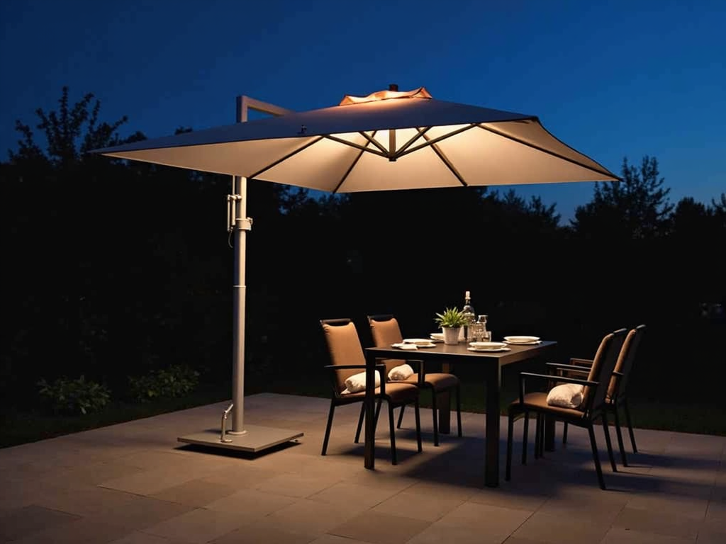 The modern and functional Tuuci parasol, illuminating the patio with its built-in LED lights.