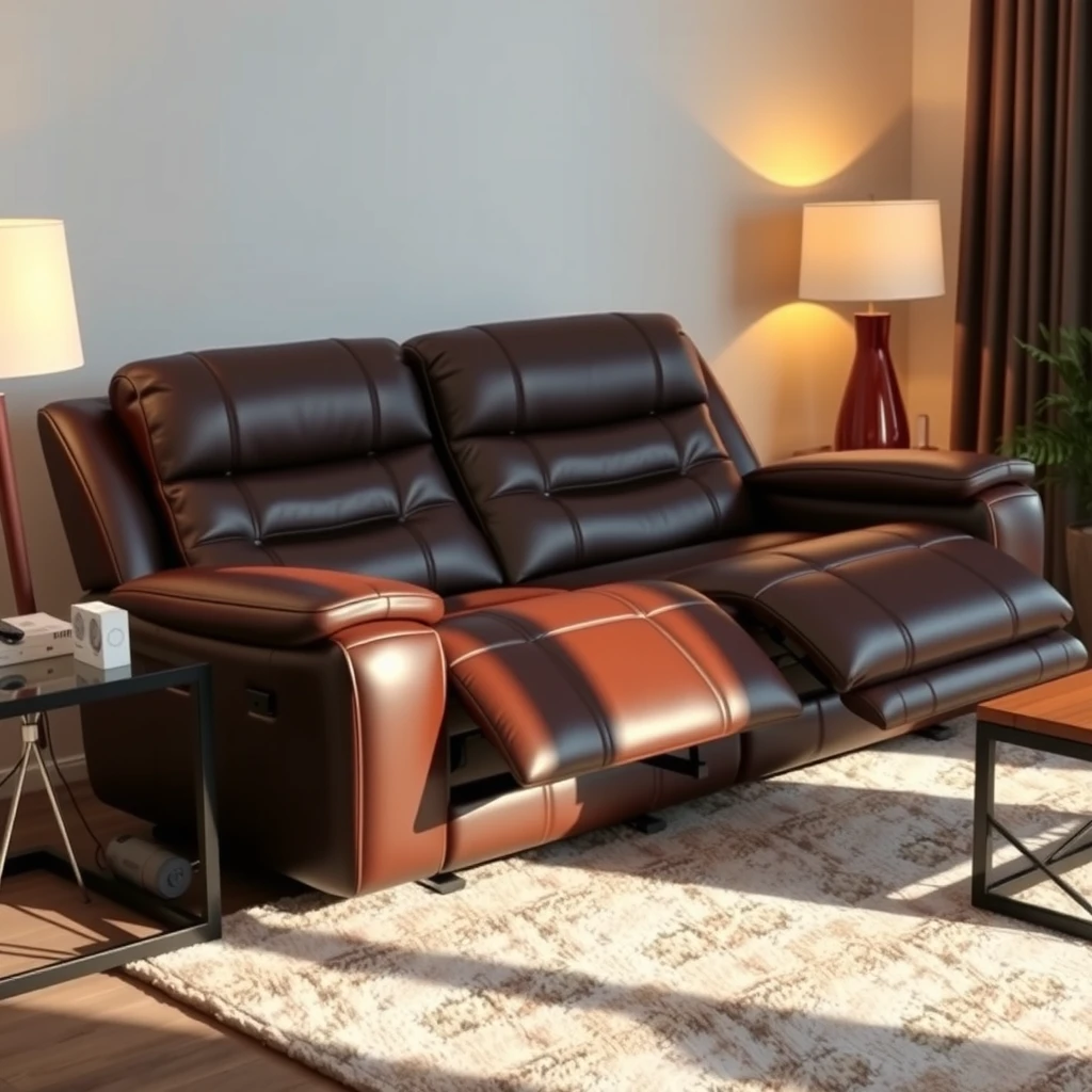 Luxury power leather recliner in a cozy modern living room