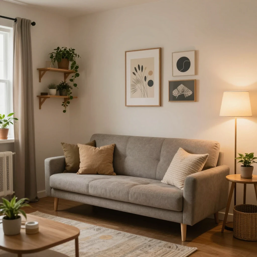 Budget-friendly living room with futon and DIY elements