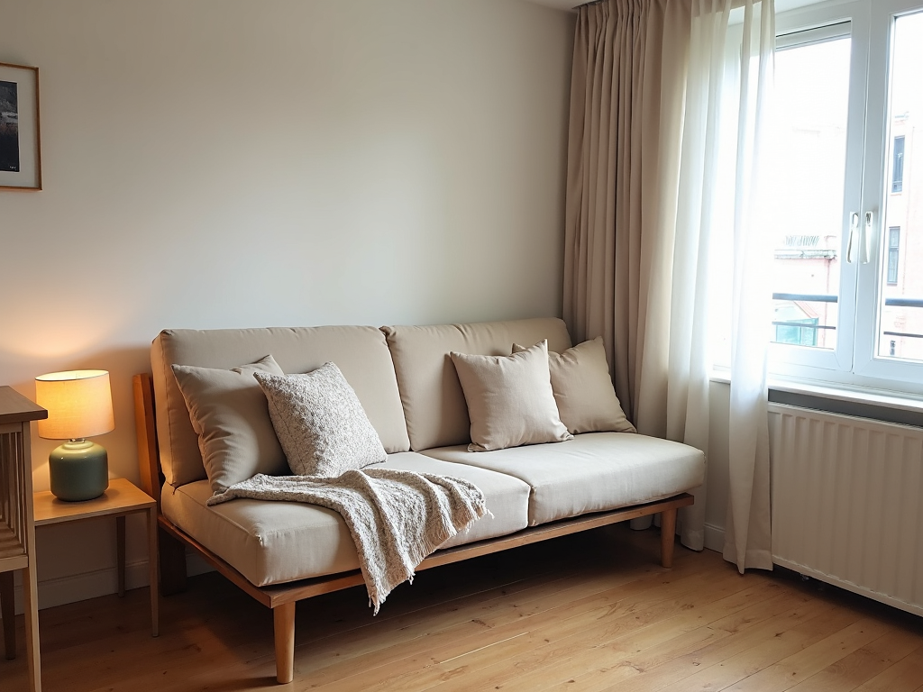 A multifunctional futon in a small apartment, highlighting its role in maximizing space and functionality.