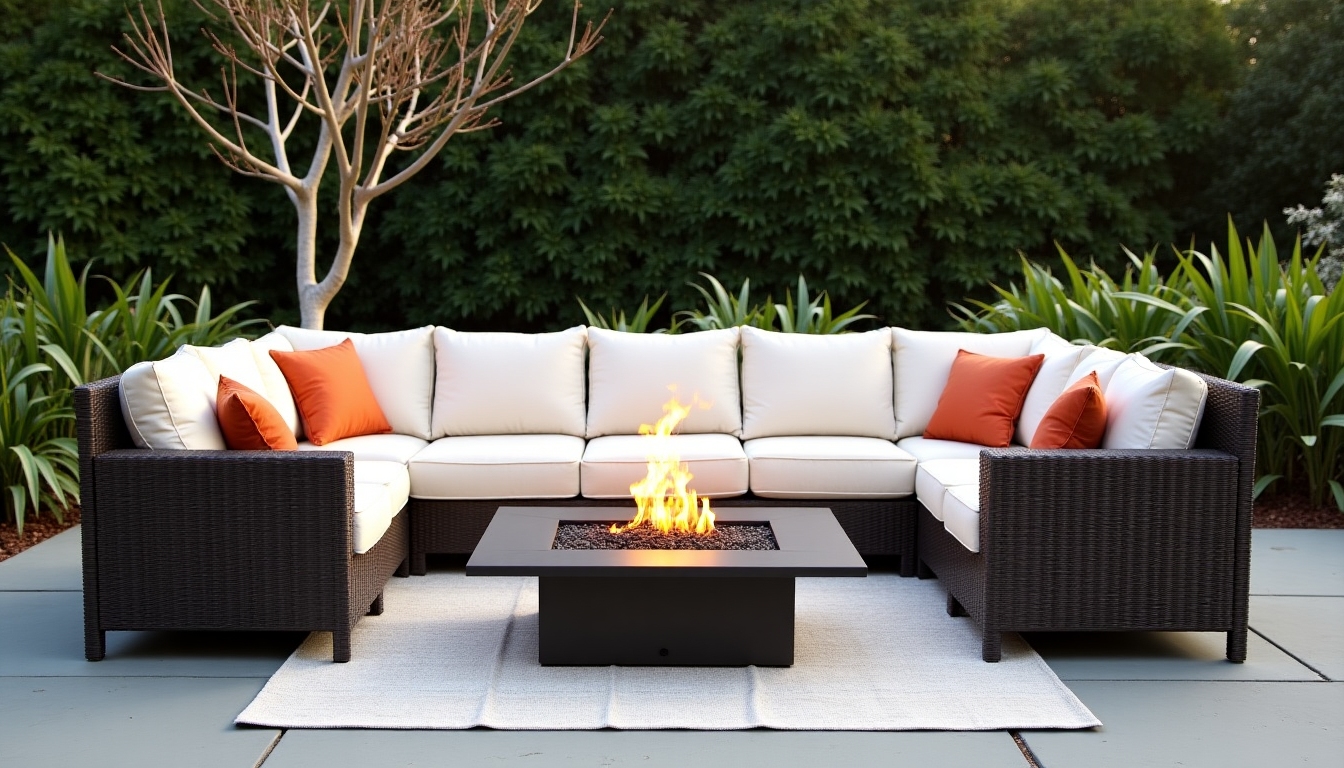 Outdoor sectional sofa on a patio with greenery and fire pit