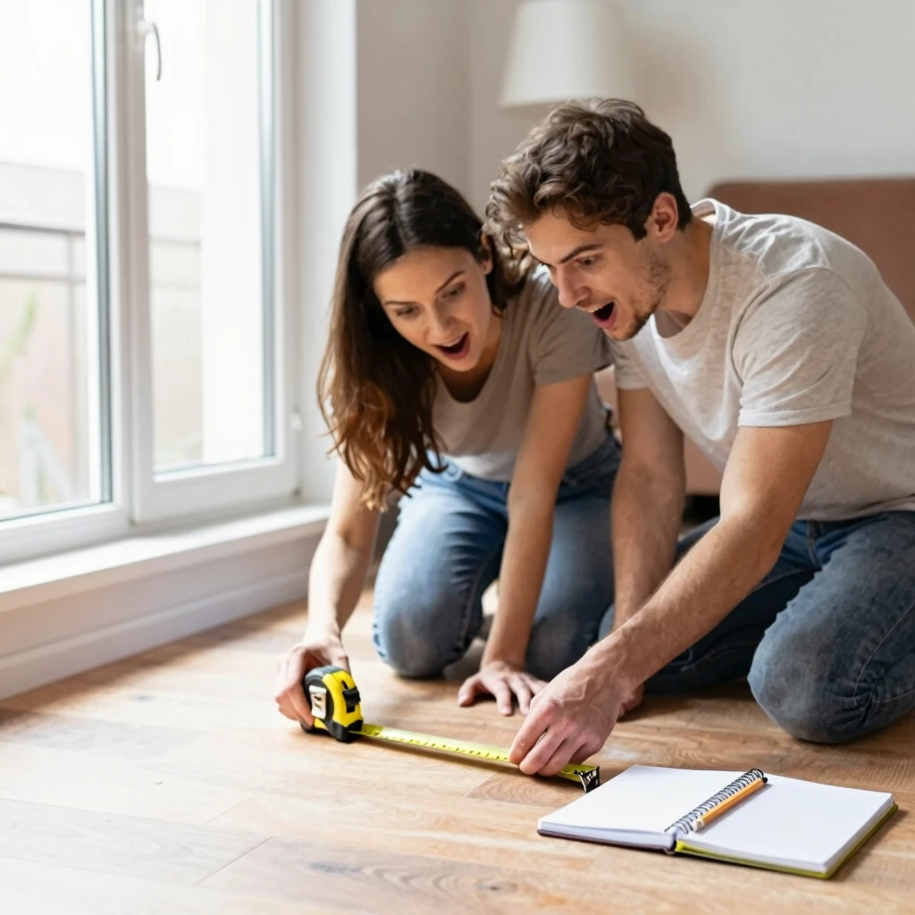 Couple measuring living room space for new sofa