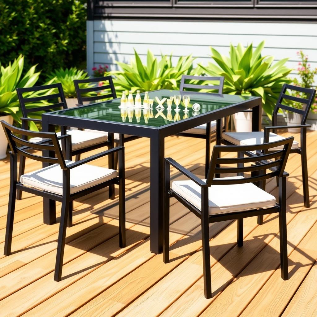Modern aluminum patio dining set on a sunny wooden deck with green plants.