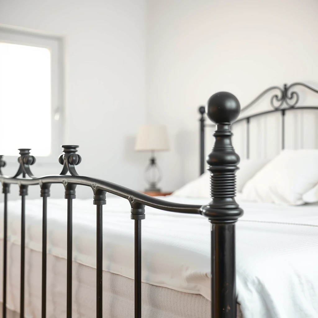 Elegant wrought iron bed frame in a serene bedroom