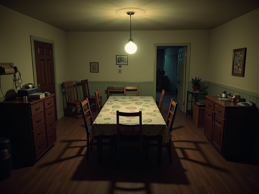 Cramped dining room with oversized table