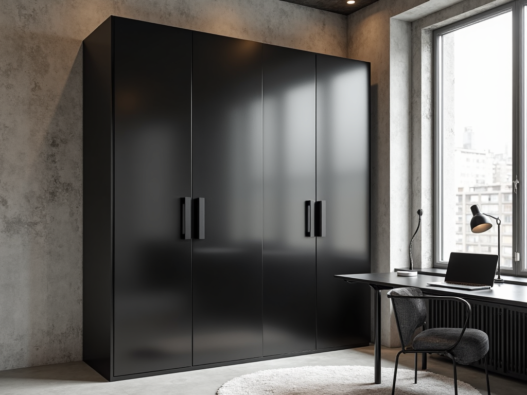 Dark metal minimalist armoire in a modern home office