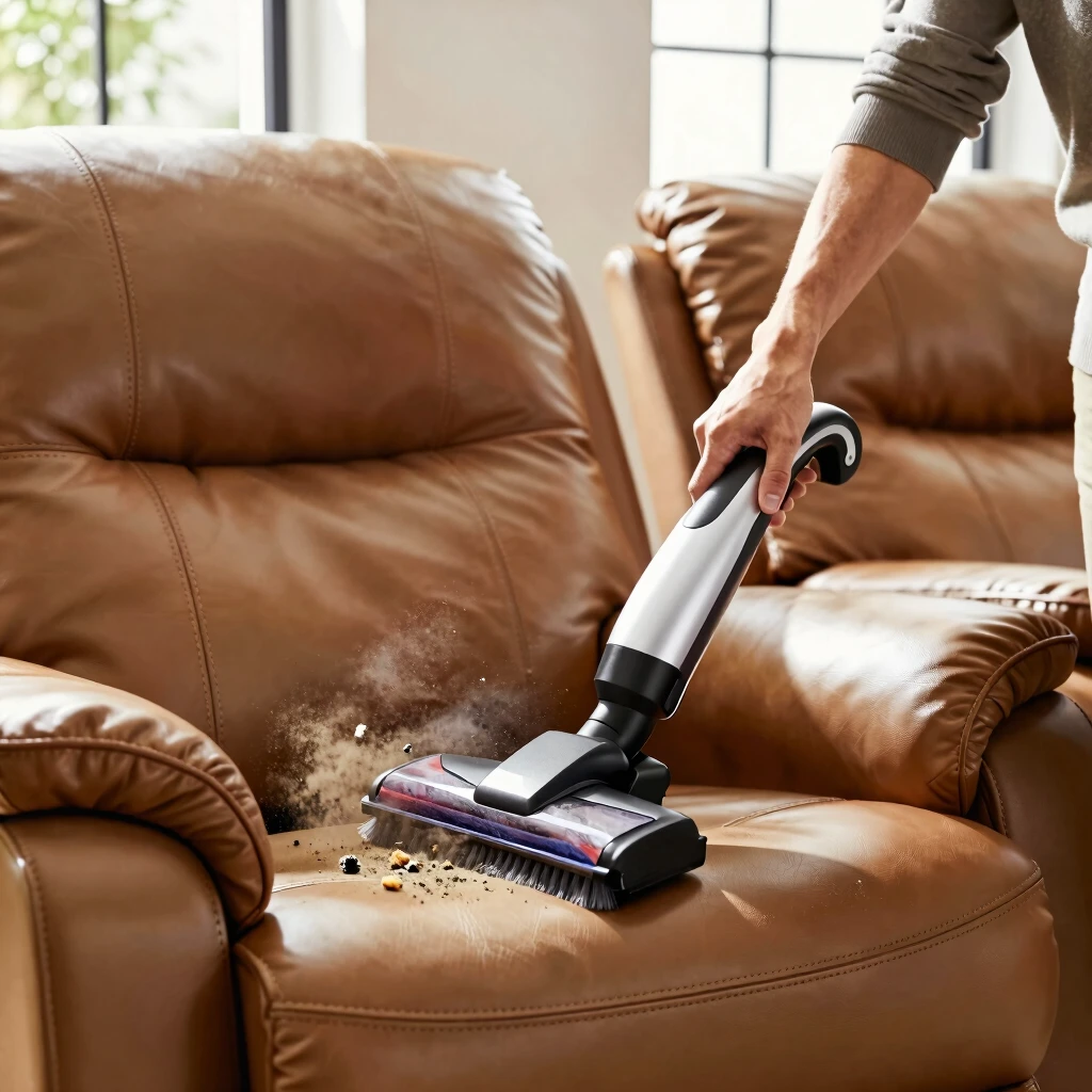 Person vacuuming a leather recliner chair in a bright living room