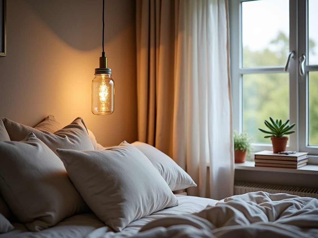 DIY mason jar pendant light in a budget-friendly bedroom decor