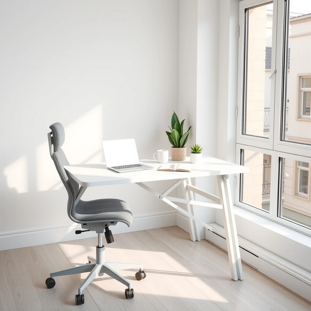 Height-adjustable foldable desk with ergonomic chair in compact home office