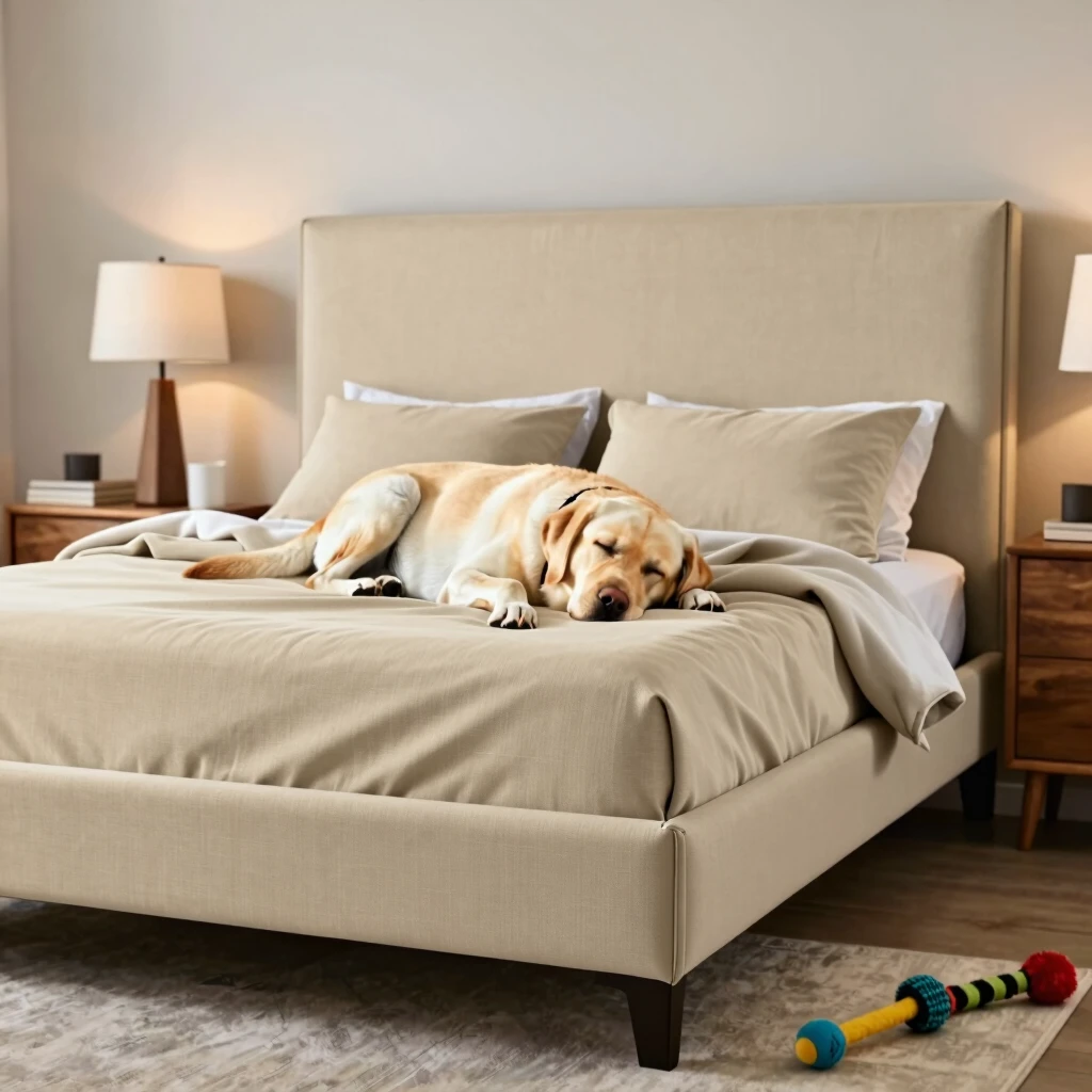 Labrador dog napping on durable fabric bed in cozy bedroom