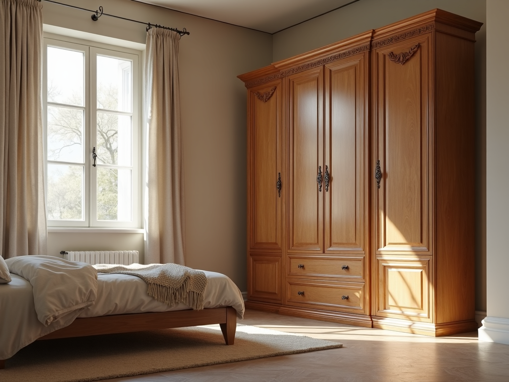 A well-fitted armoire in a minimalist bedroom