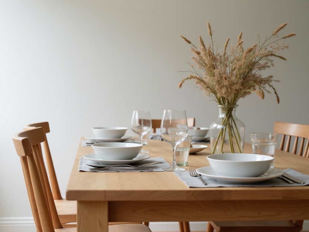 Wooden dining table with natural finish.