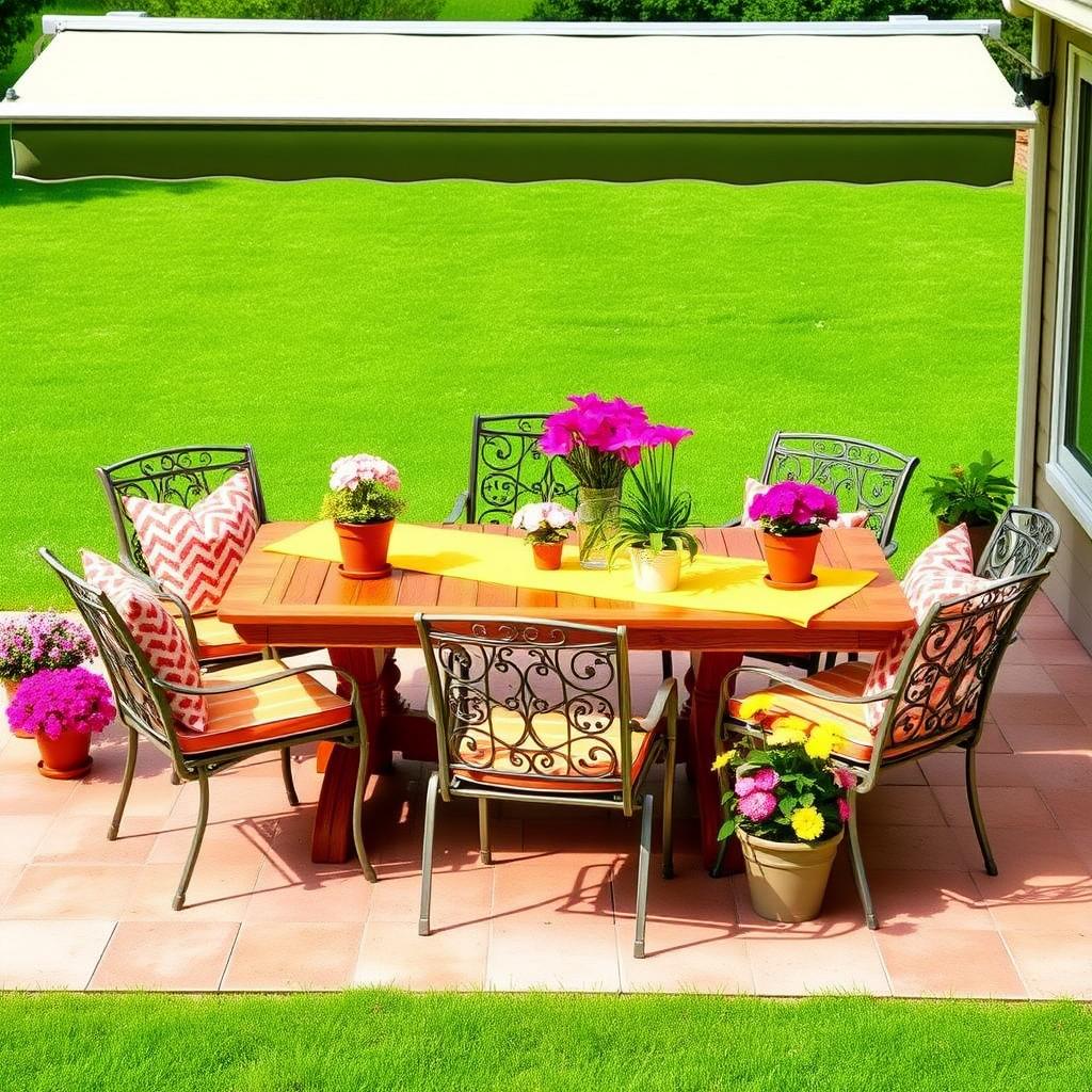 Spring patio with colorful cushions and potted flowers