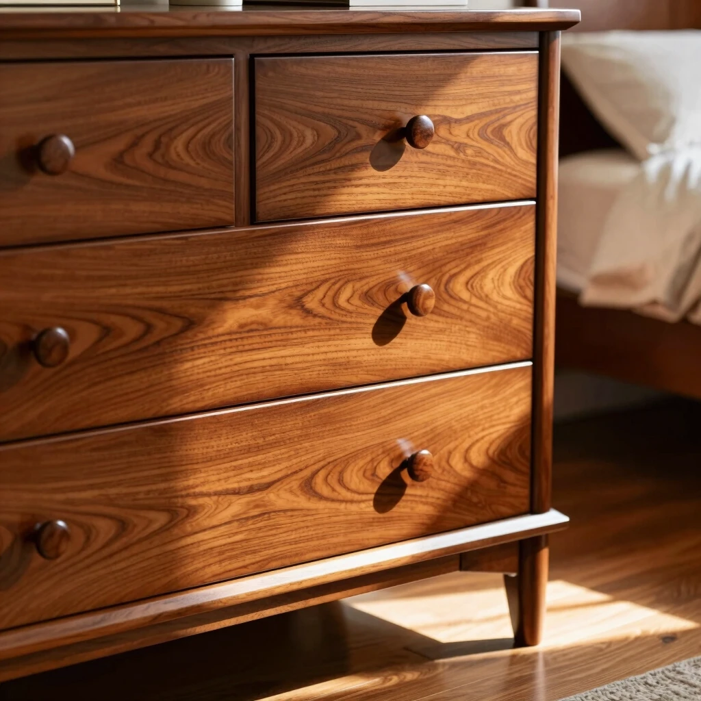 Polished wooden dresser gleaming in sunlight