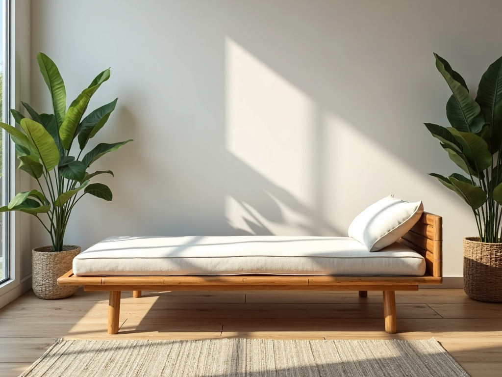 Bamboo futon frame in a modern living room