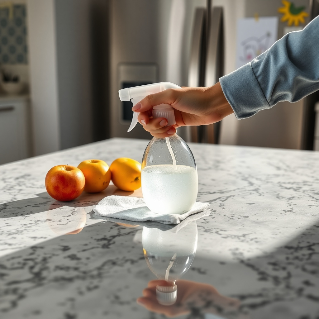Hands applying a natural vinegar cleaner to a kitchen counter in a family home.