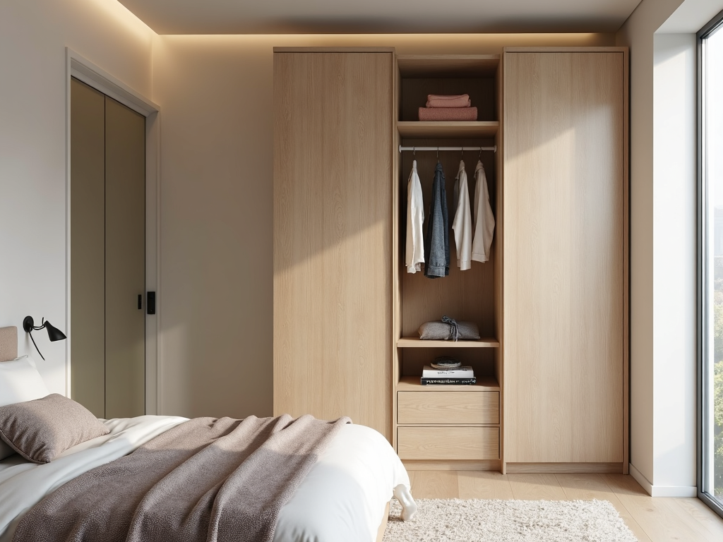 A compact armoire providing ample storage in a small bedroom.