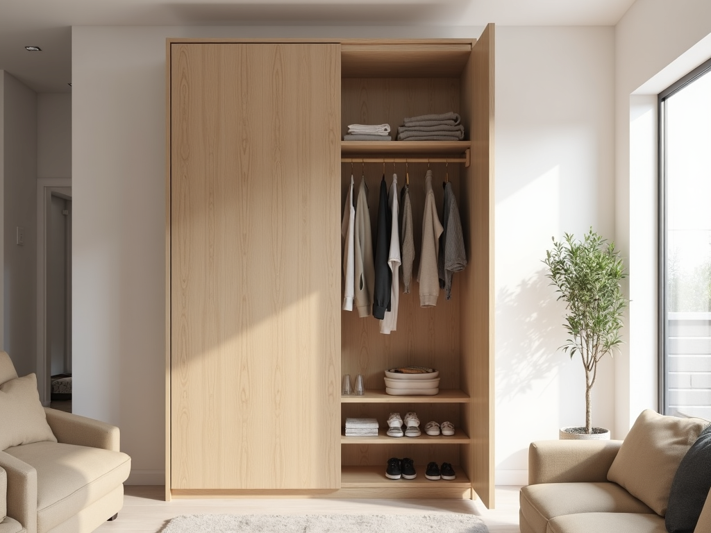 Light oak minimalist armoire in a modern living room
