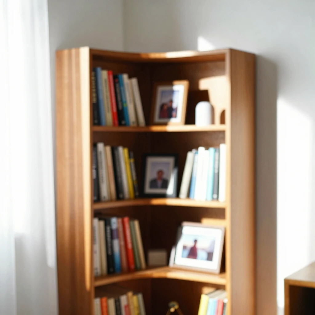 Corner bookshelf maximizing unused space with books and accents.