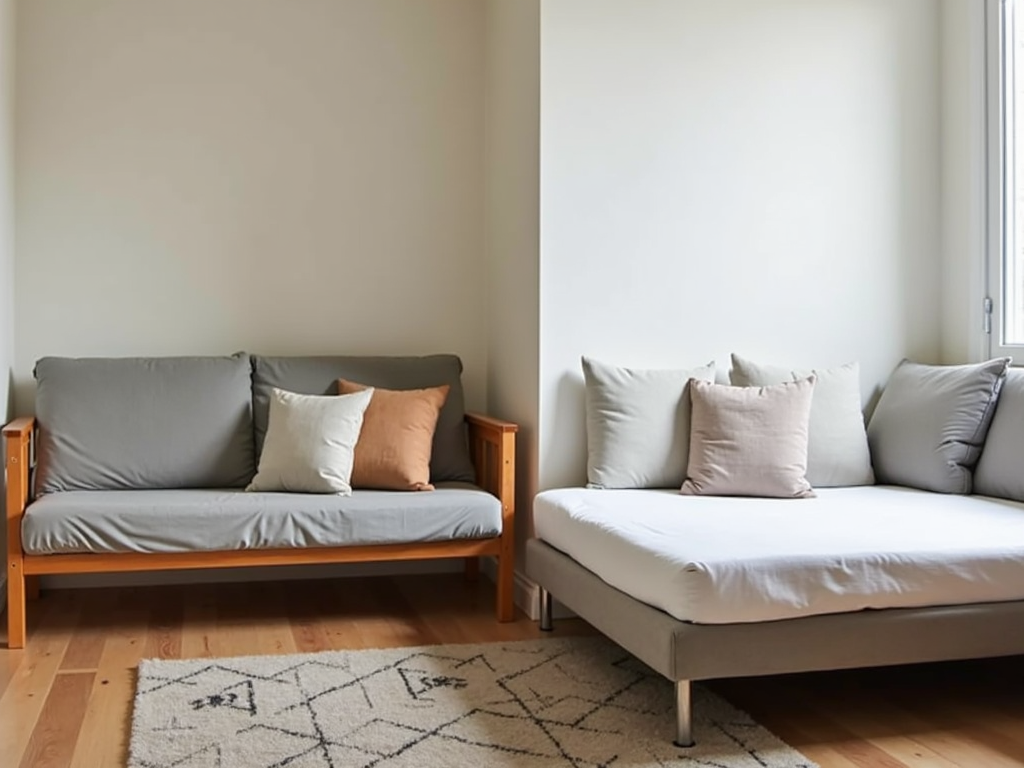 Futon and sofa bed in a small multi-use space.