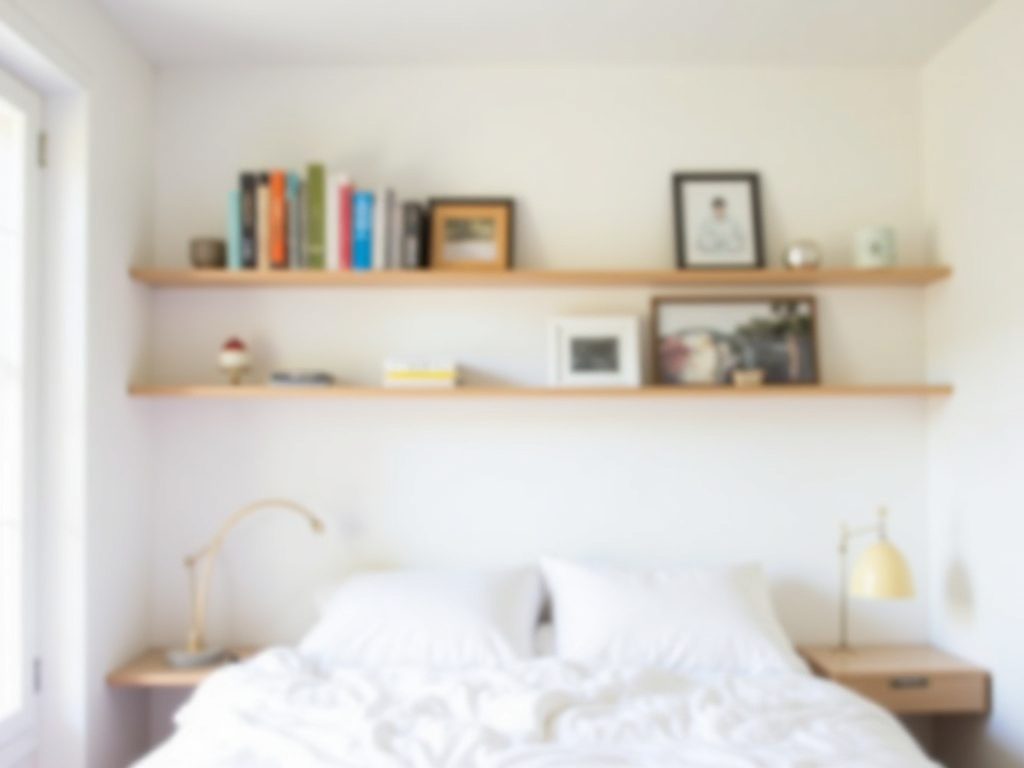 Wall-mounted shelves above a bed in a small bedroom