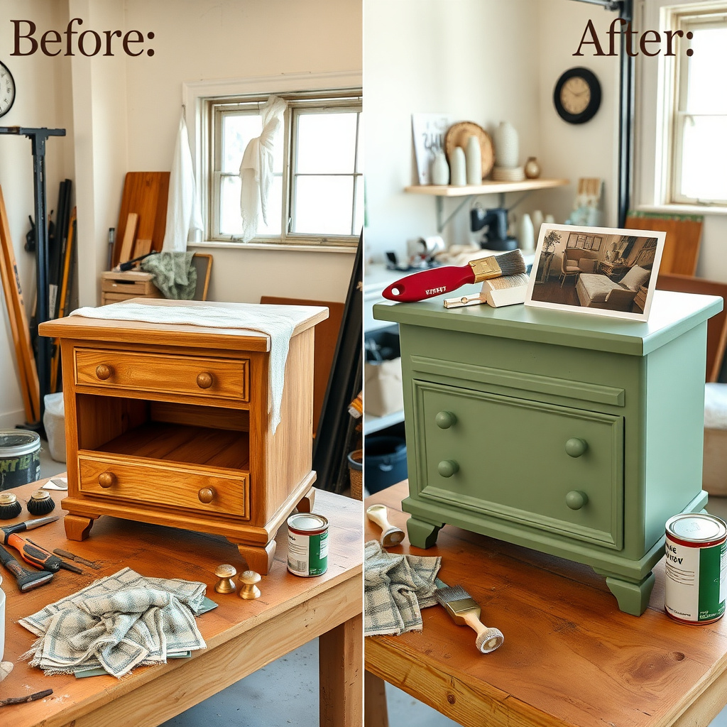 DIY process of upgrading a wooden nightstand with paint and hardware