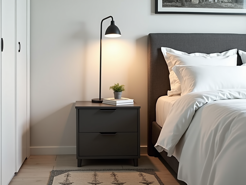 A modern nightstand with drawers and a lamp, placed next to a neatly made bed in a serene bedroom setting.