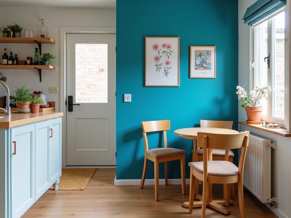 Kitchen nook with a blue accent wall for a bright refresh