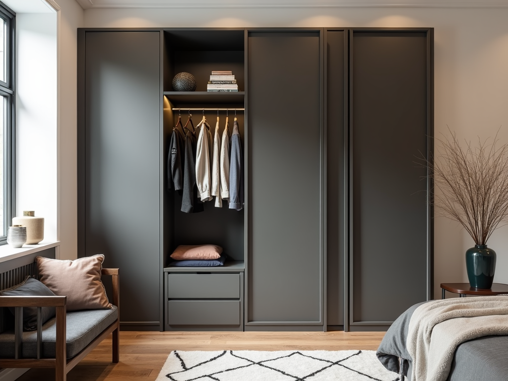 Modern armoire in a small bedroom