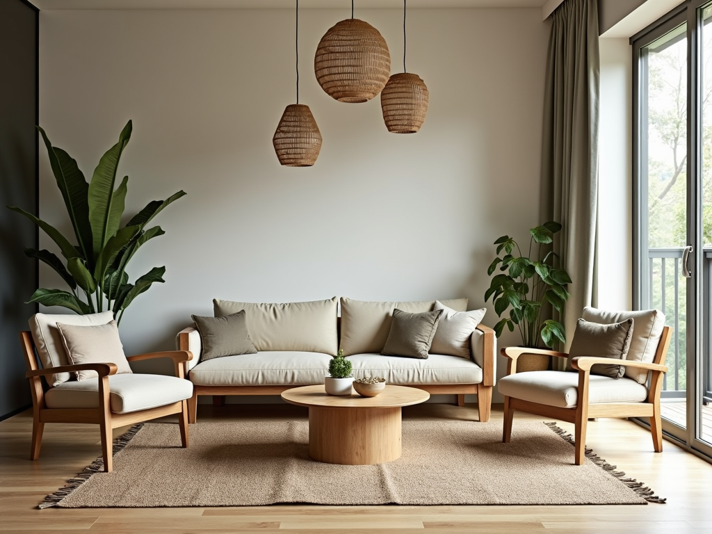 A serene and organized living space filled with eco-friendly furniture creating an inviting ambiance.