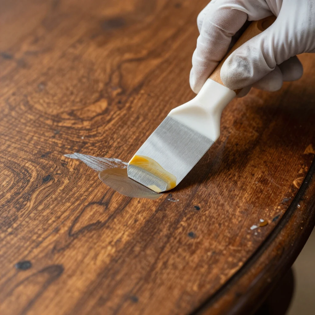 Removing old finish from wooden furniture using a chemical stripper and plastic scraper
