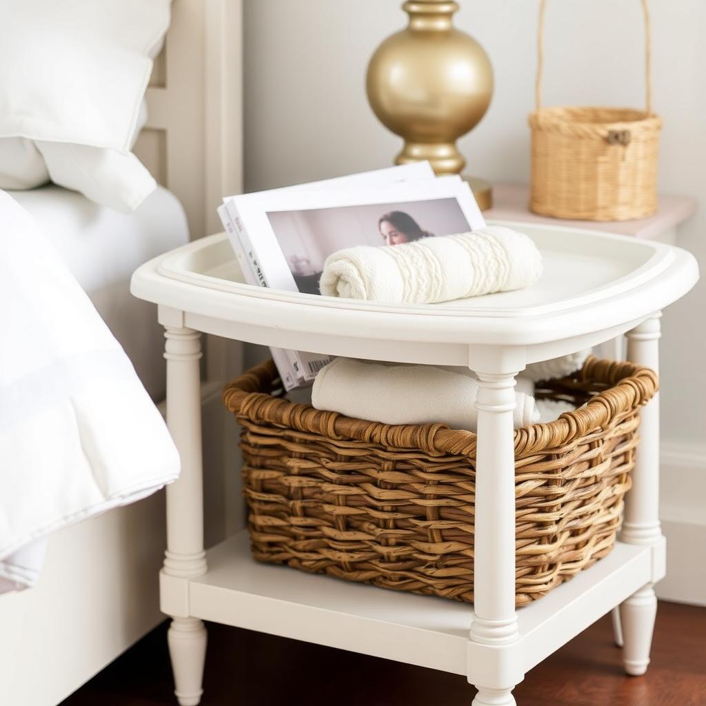 A coastal nightstand with a basket of blankets and magazines.