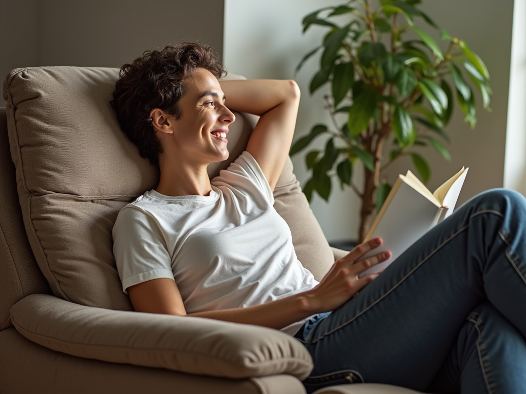 Person enjoying a book in a comfortable recliner.