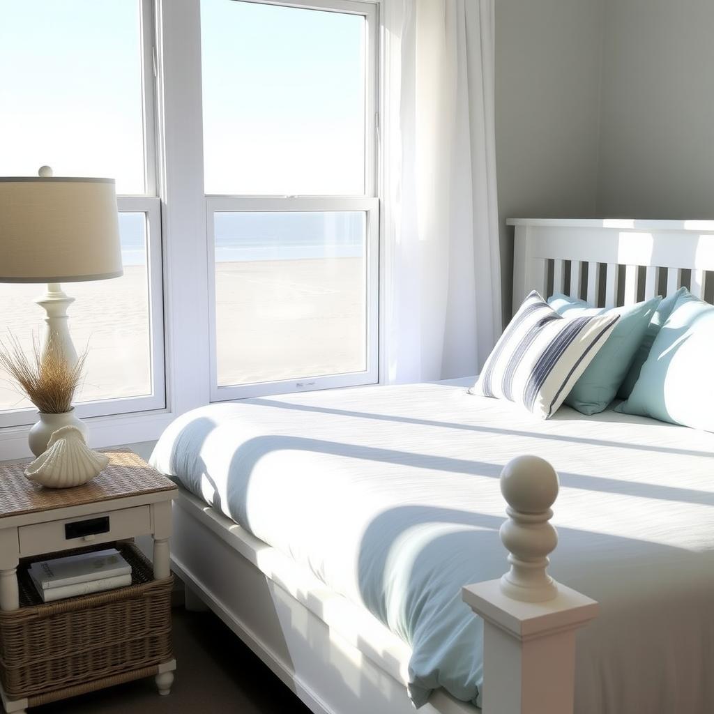 Coastal bedroom with blue bedding and wicker nightstand