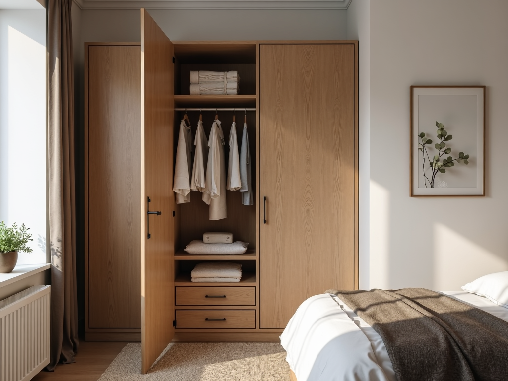 An armoire in a bedroom with a hidden compartment storing linens.