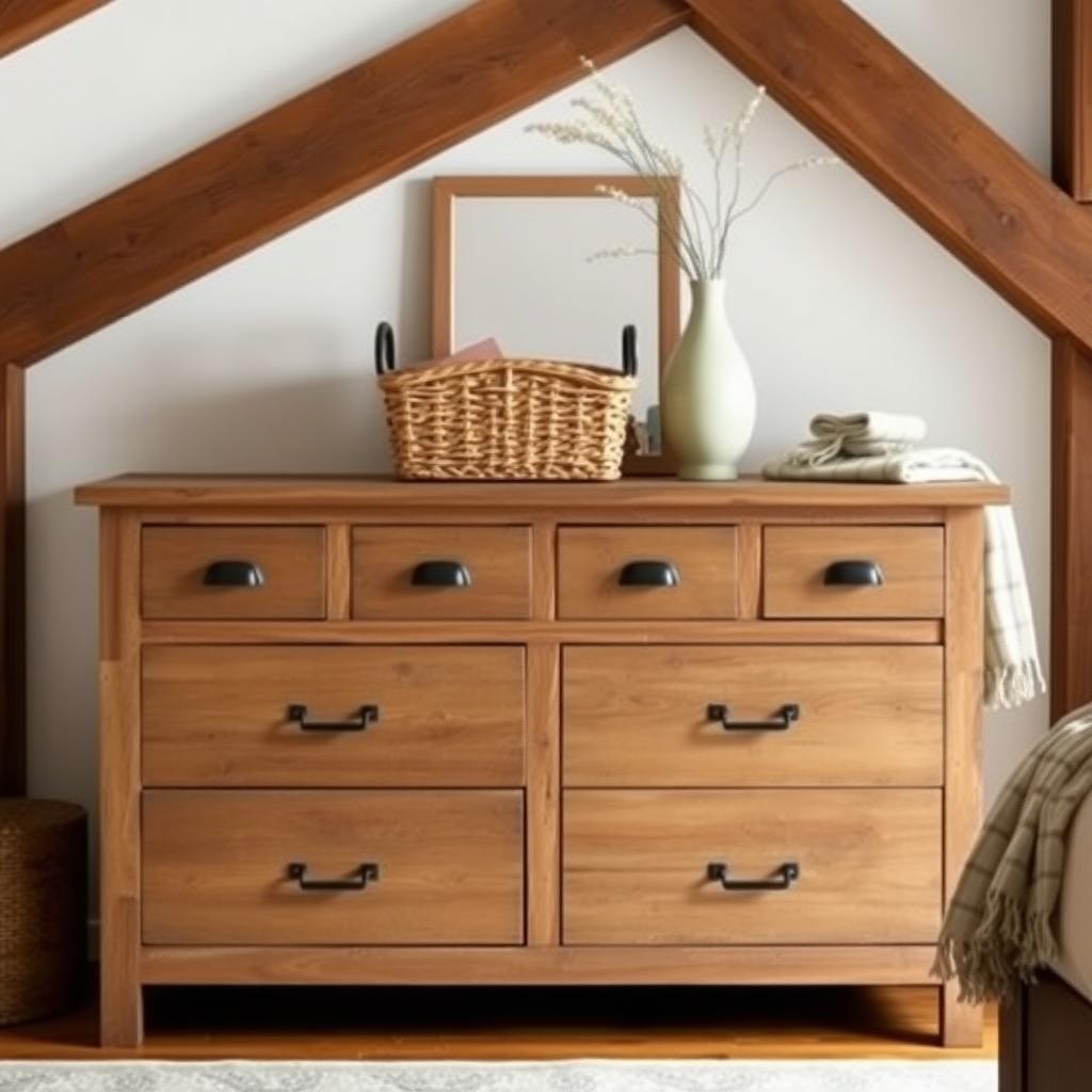 Rustic farmhouse dresser with woven basket and vase in a cozy bedroom