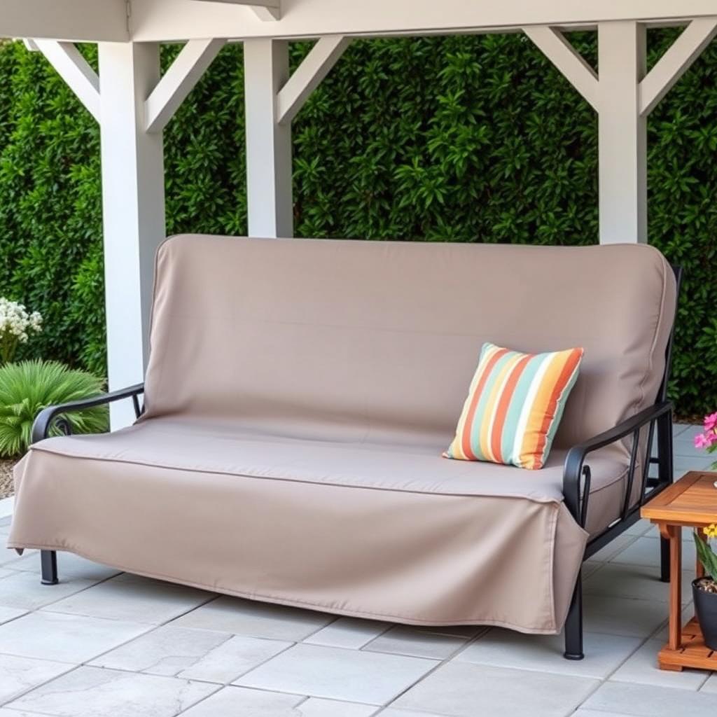 A futon in an outdoor setting, with a weather-resistant cover, illustrating versatility.