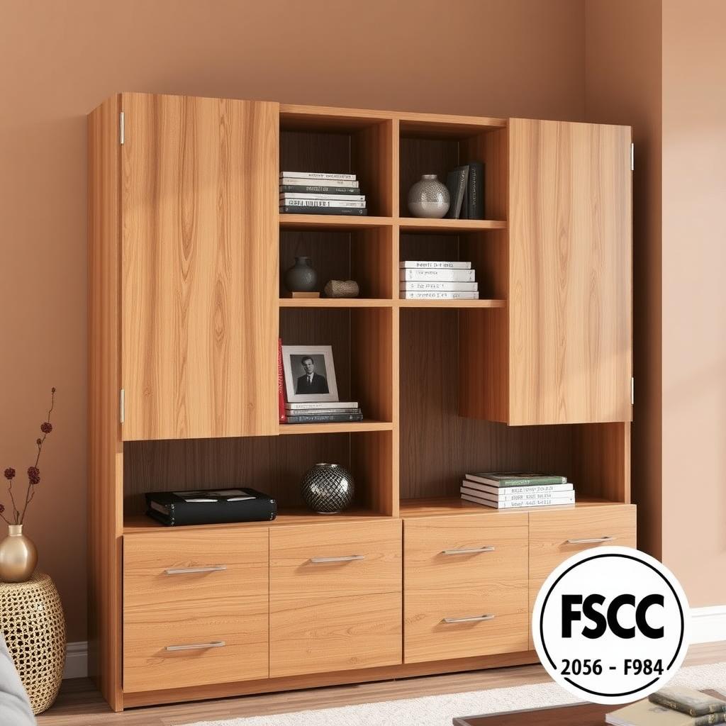 FSC-certified wooden cabinet in a cozy living room