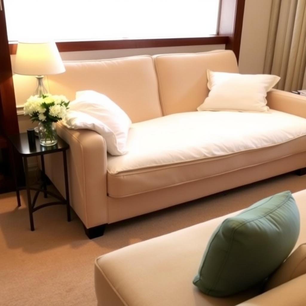 Queen-sized futon converted into a bed in a cozy guest room with white linens