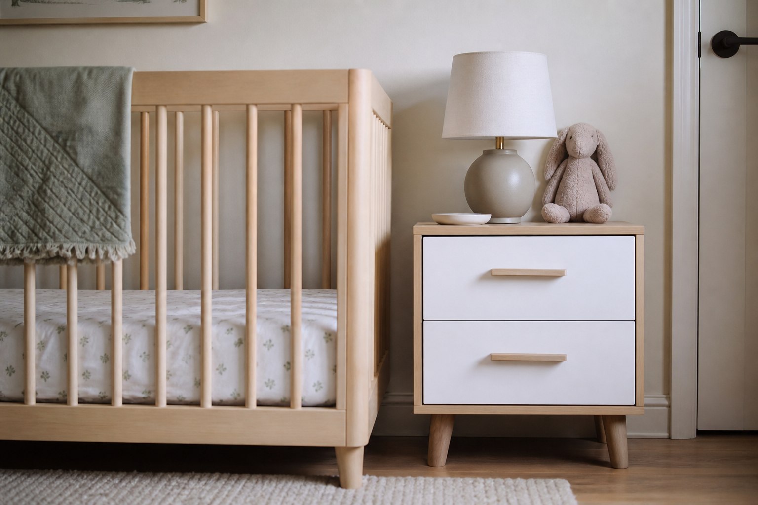 Modern nursery nightstand next to a crib for safe bedtime access