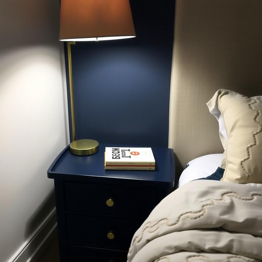 Cozy bedroom with DIY nightstand in navy, featuring lamp and book.