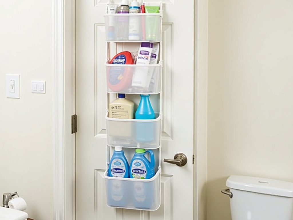 A bathroom with an over-the-door organizer for toiletries and cleaning supplies.
